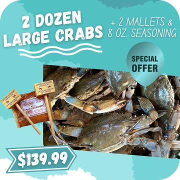 Large Male Blue Crabs (2 Dozen, 2 Mallets, 8oz. Seasoning)